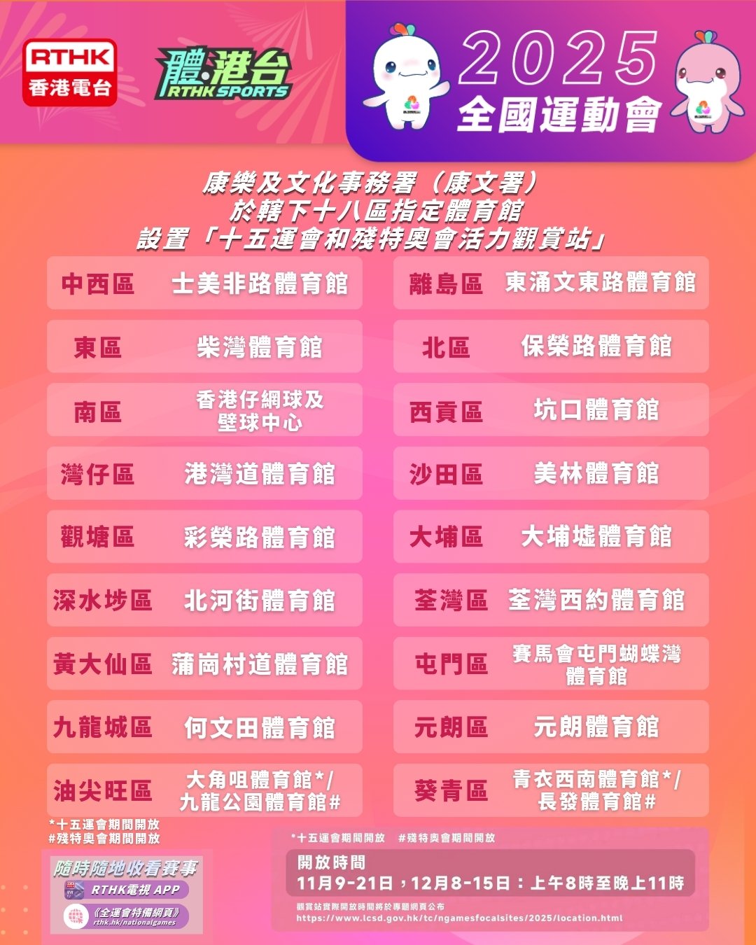 康文署於轄下十八區指定體育館設置「十五運會和殘特奧會活力觀賞站」