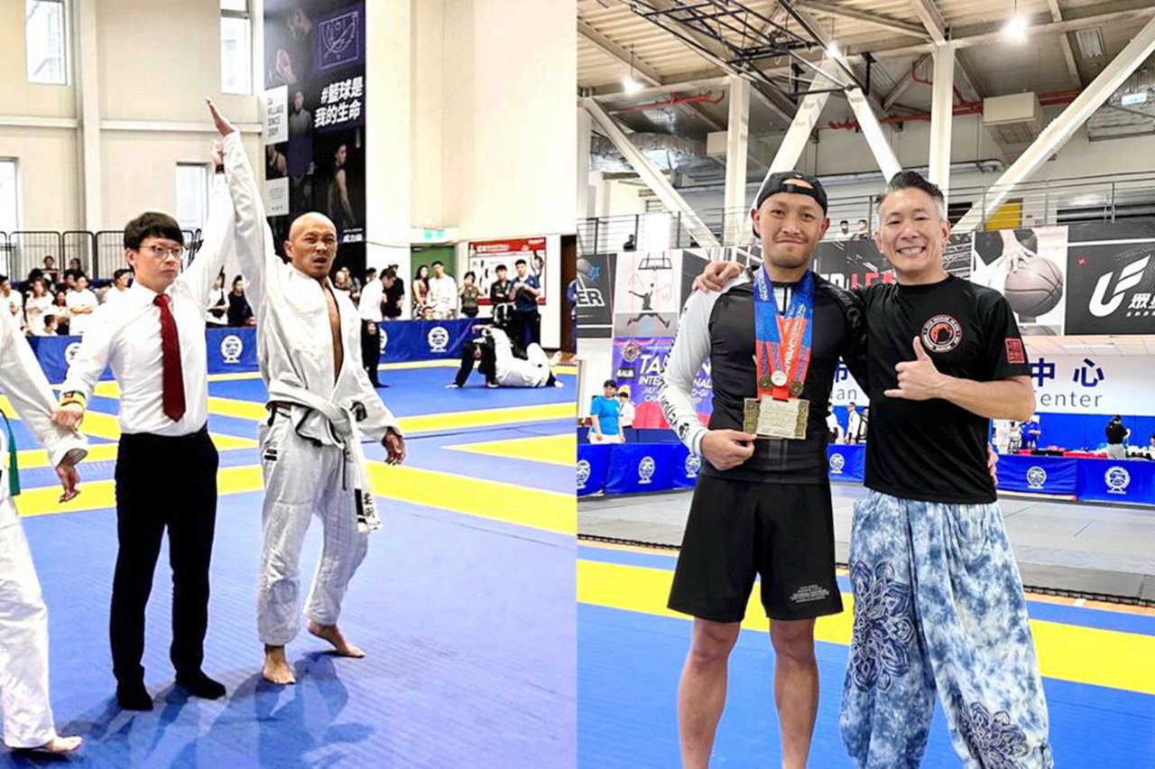 圖左：Kinka（右）去年六月往台灣參加巴西柔術比賽，雖是勝出但過程艱苦。圖右：比賽獲獎後與教練Andy Chan@麒麟巴柔（右）合照。